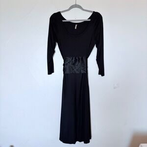 Three Dots Black Long Sleeve Jersey knit Maxi Dress‎ W/ Satin Silk Sash Belt XL